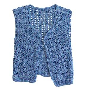 Vintage Crochet Vest Womens Small Blue Hand Knit Open Shimmer Boho Festival  90s